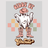 Giddy Up Ghouls Halloween DTF Transfer | Ghost Cowboy Boots Design